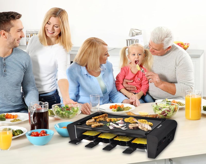 Tamarit Raclette Table Grill for 8, 2 in 1 Small Swiss Style PFAS-No Nonstick Reversible Grill/Griddle Plate Adjustable Temperature Control 1300 W, 8 Raclette Cheese Pans Black - Image 4